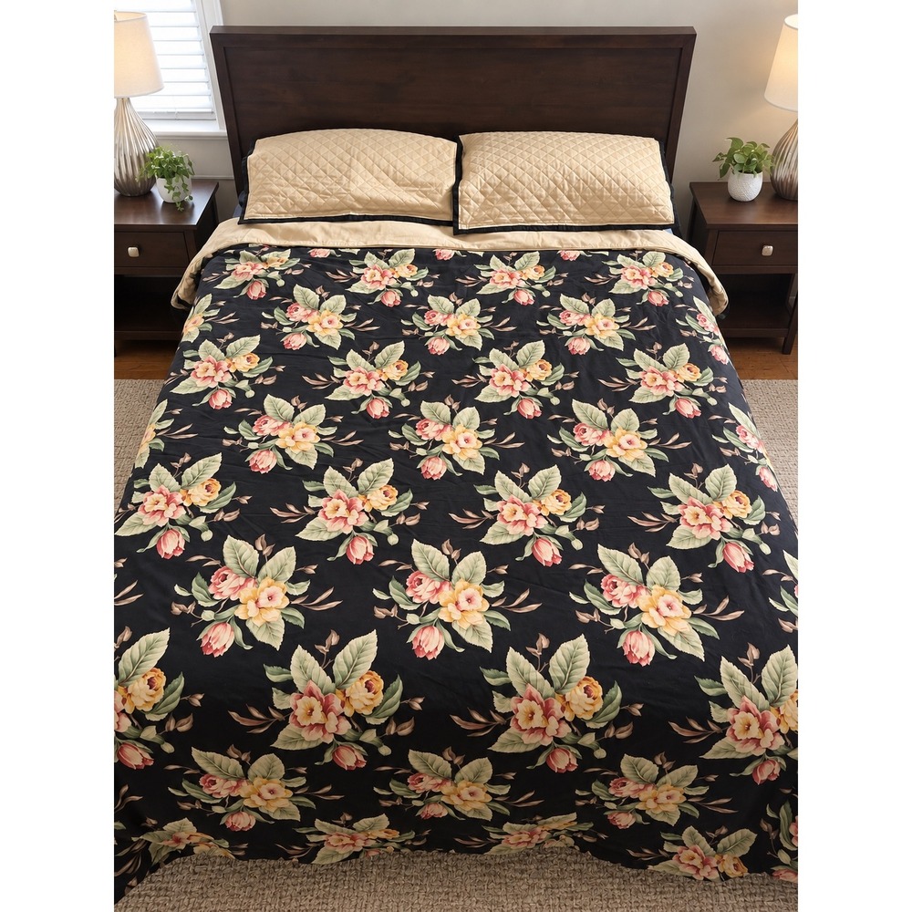 Ralph Lauren Charleston Full/Queen Duvet Cover Floral on Black/Tan EUC Shams